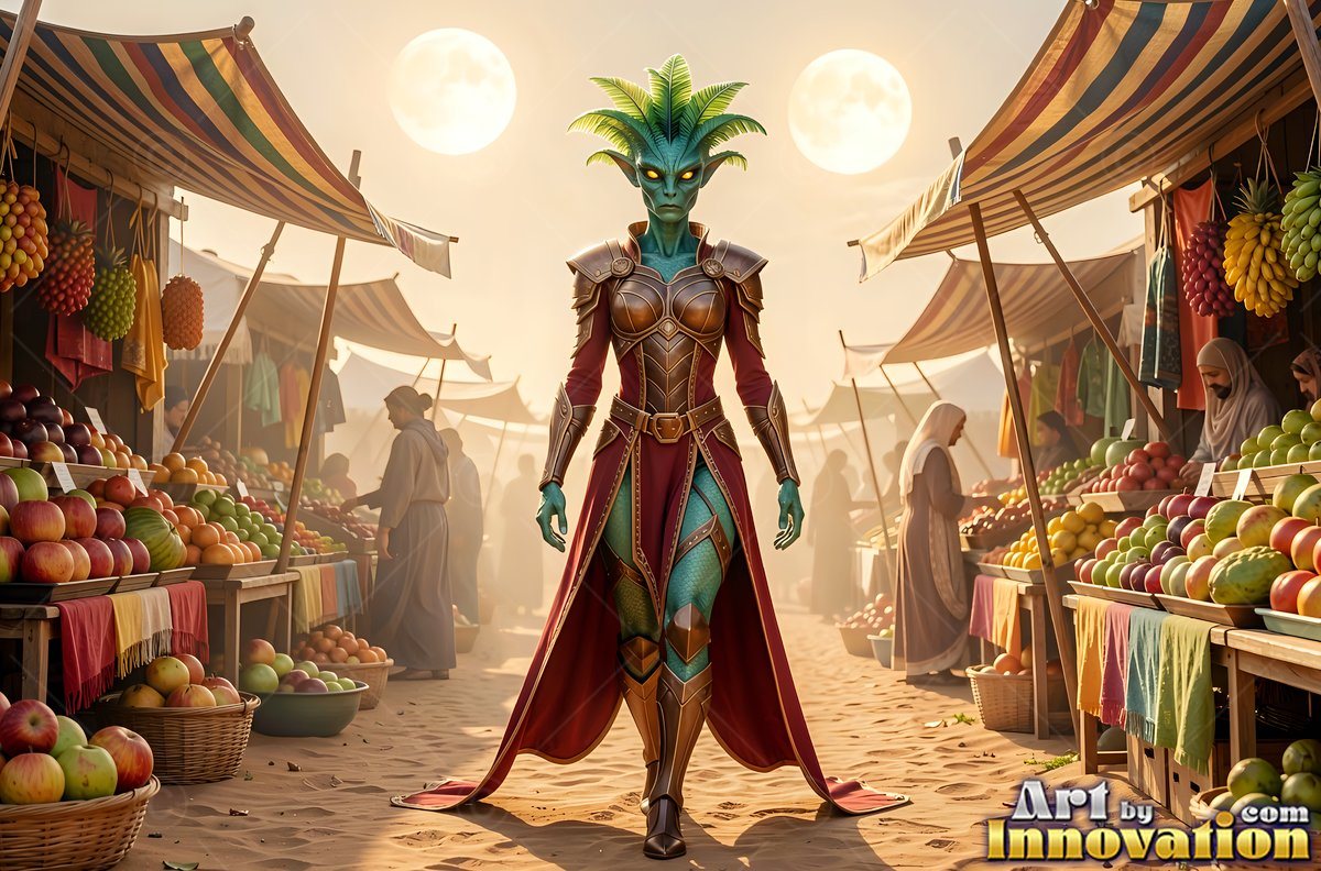 A green alien woman makes her way through an open market under the pale light of two suns