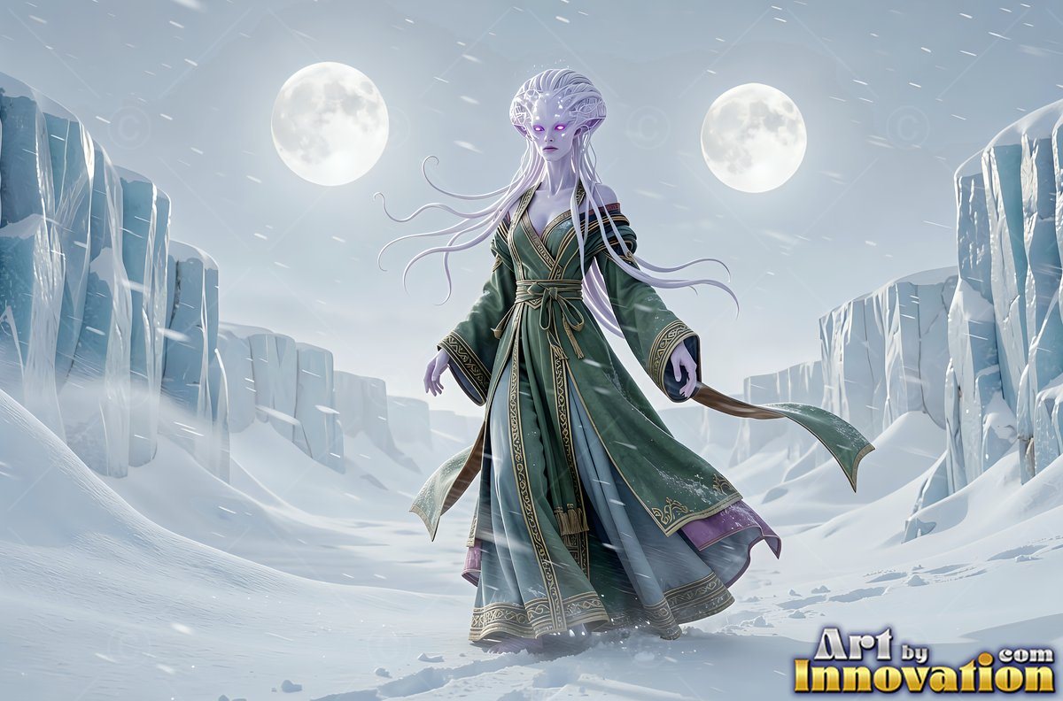 Standing in a snowy valley, a purple alien woman wears a green robe under two moons
