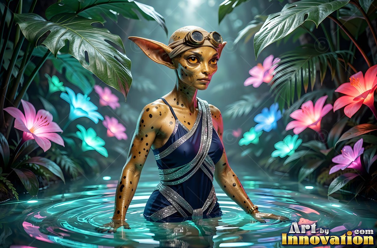 A spotted alien woman in goggles and a blue swimsuit wades in a jungle pool