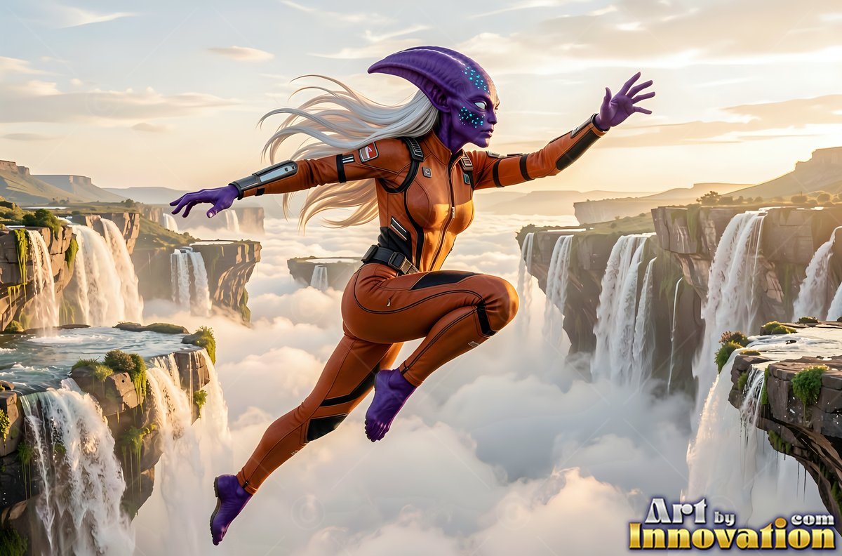 Above cloudy waterfalls, a purple alien woman leaps in an orange suit