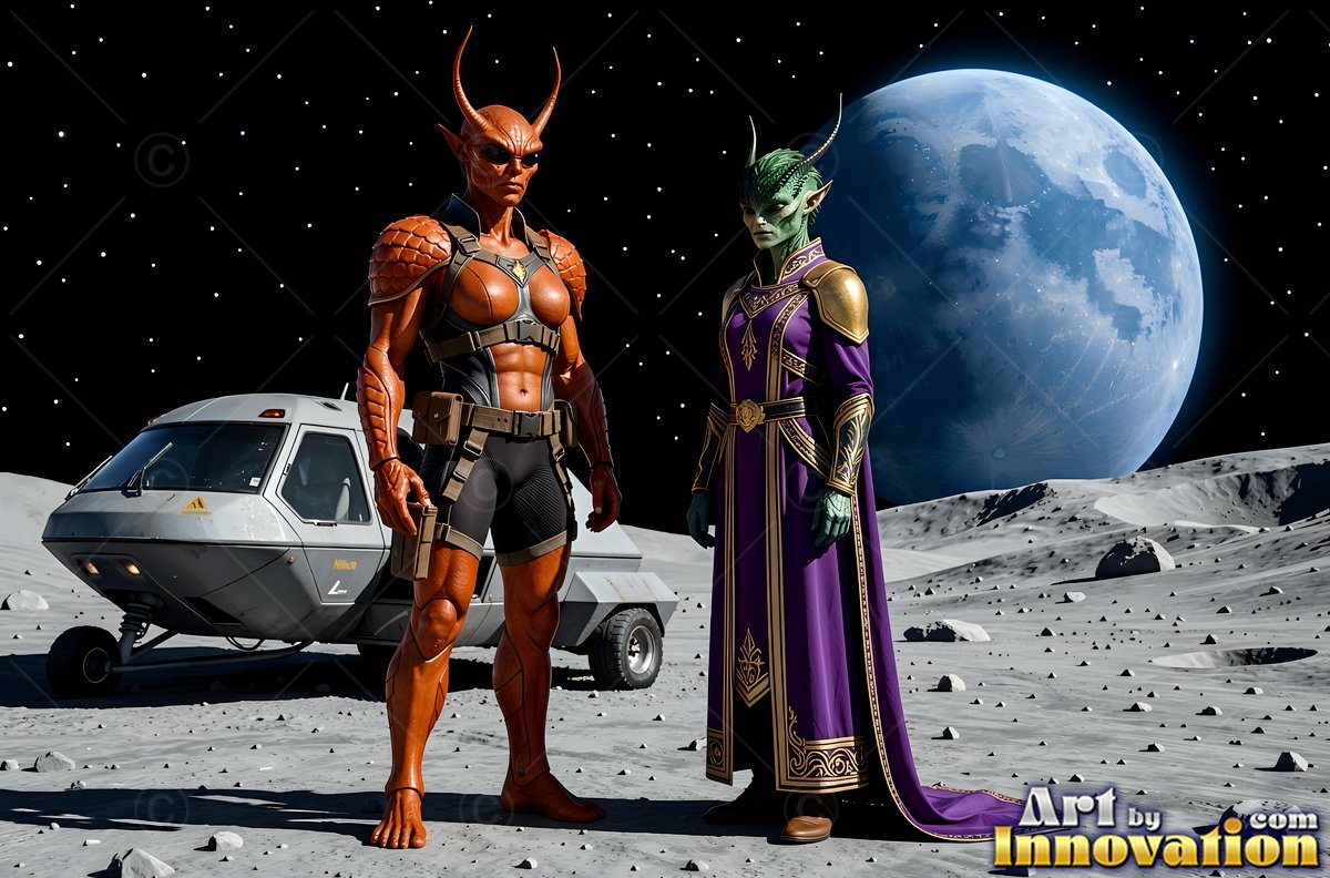 Standing on a moon crater, two horned alien women pose near their rover vehicle