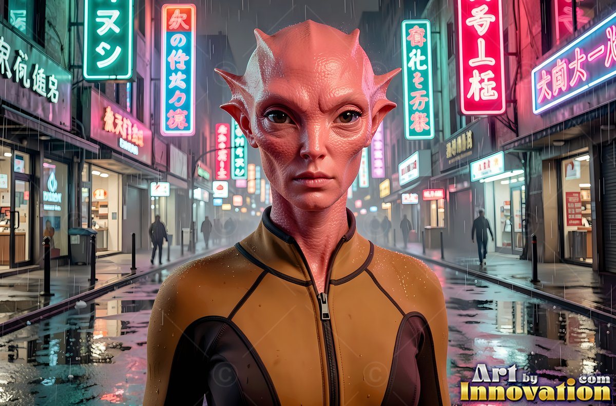 Pink alien woman standing on a rainy city street at night