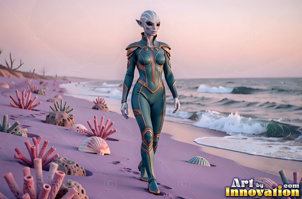 Finned ears frame an alien woman in a teal bodysuit walking on a purple beach