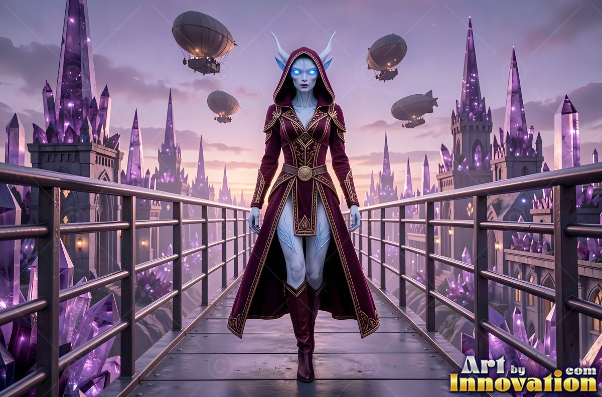 A blue-skinned alien woman strolls on a bridge past bright purple crystals
