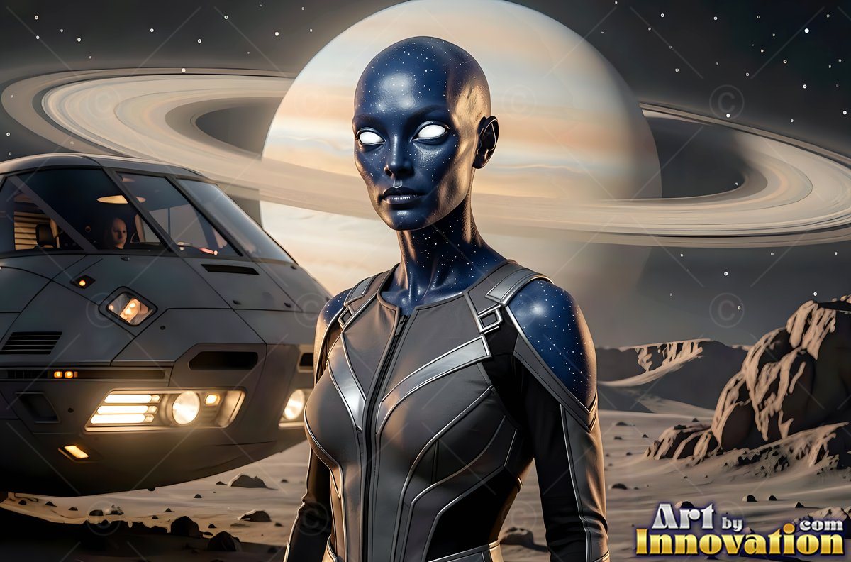 Facing forward, a blue woman stands on a barren moon near a ringed planet