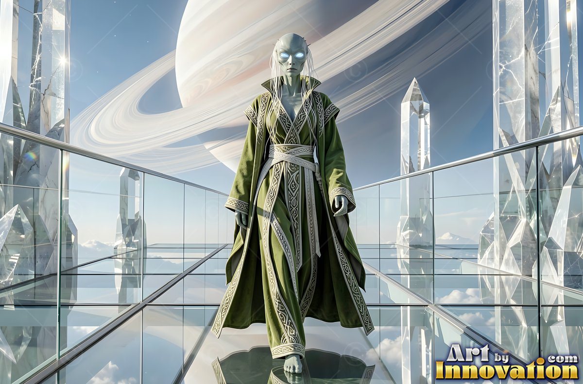 A pale alien woman in a green robe walks along a glass bridge near a ringed planet