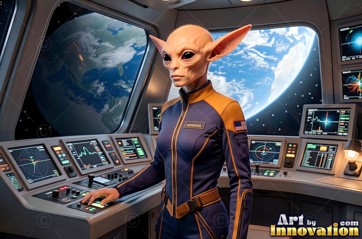 On a starship bridge, a big-eared alien woman stands at a blue control panel