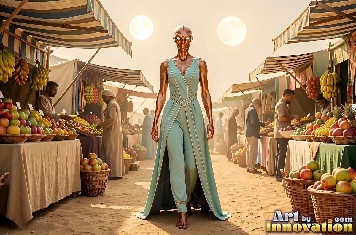 Walking through a desert market under two suns, a bronze alien woman wears a pale green dress