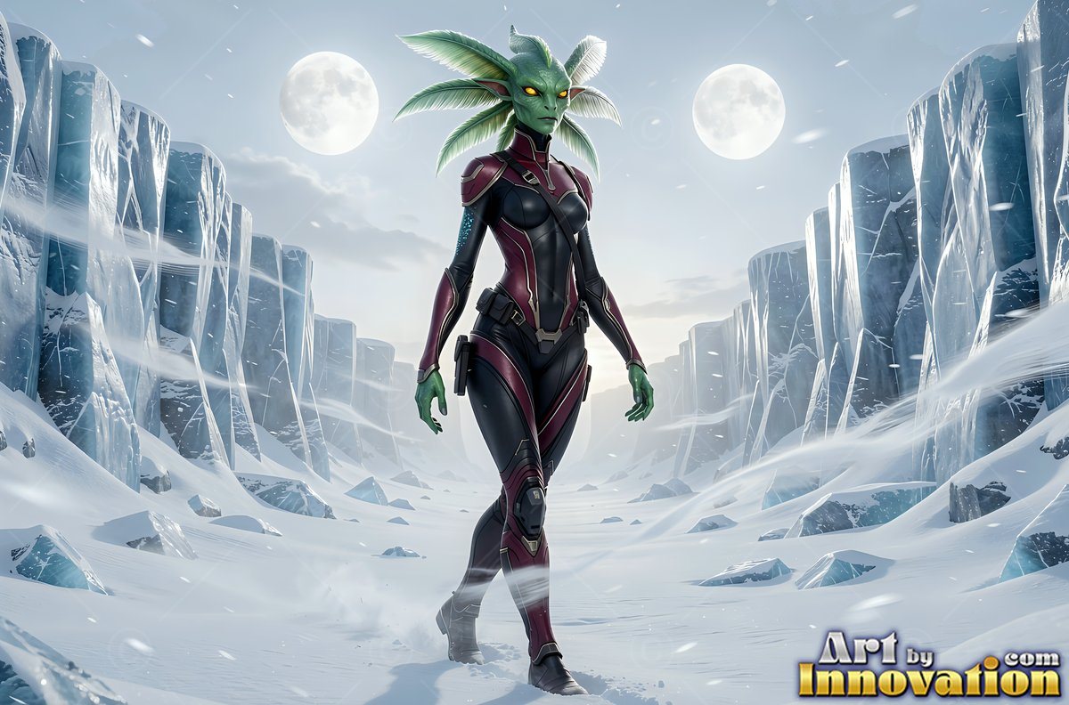 Green alien woman in a dark suit walks on a snowy path