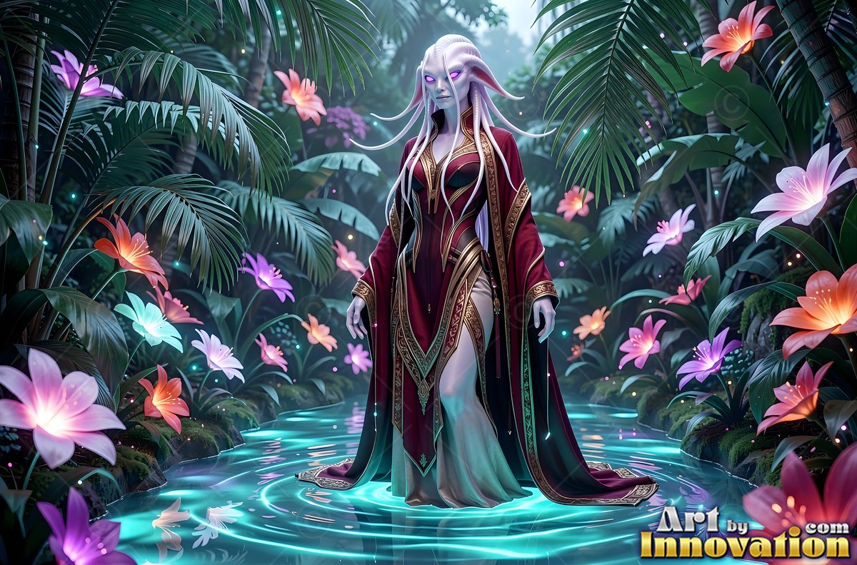 Pale tentacles frame a woman in a red robe standing in a tropical pool with flowers