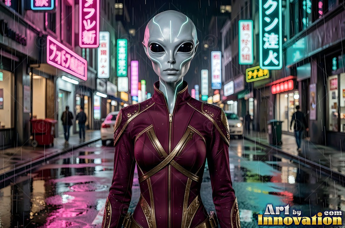 A gray alien woman stops in a rainy city street under pink and teal neon signs