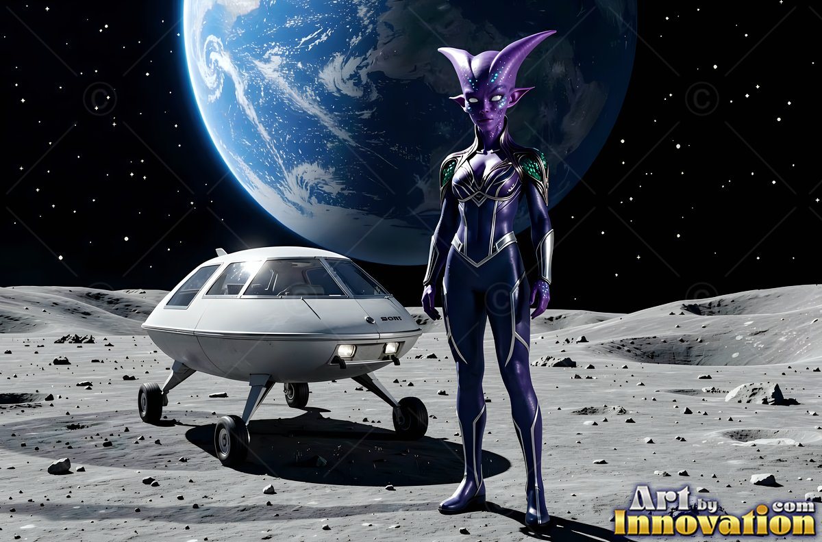 Standing on a moon crater, a purple alien woman poses beside a small craft
