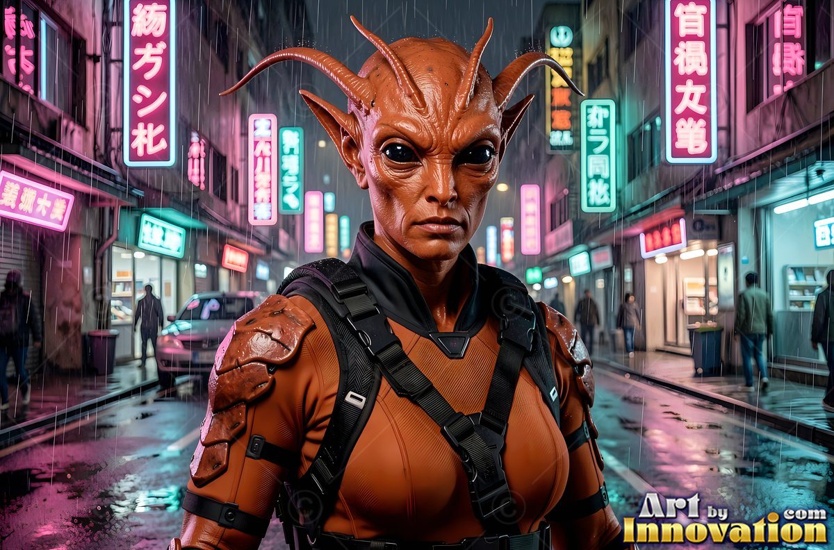 An orange alien woman pauses on a rainy city street lined with neon signs
