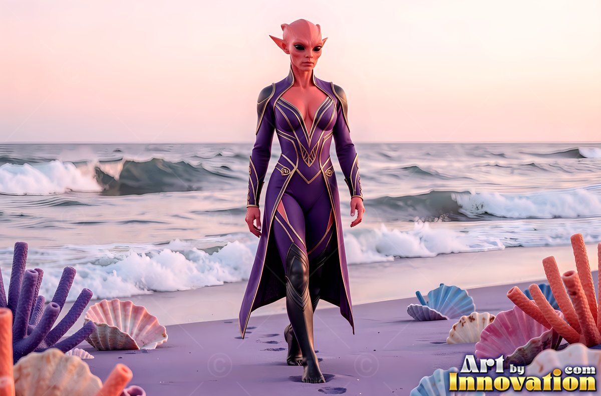 On a sandy beach, a pink alien woman in purple armor walks past shells