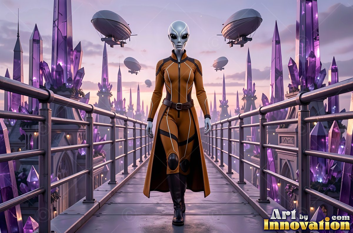 Walking a bridge, an alien woman in a brown suit passes purple crystal towers