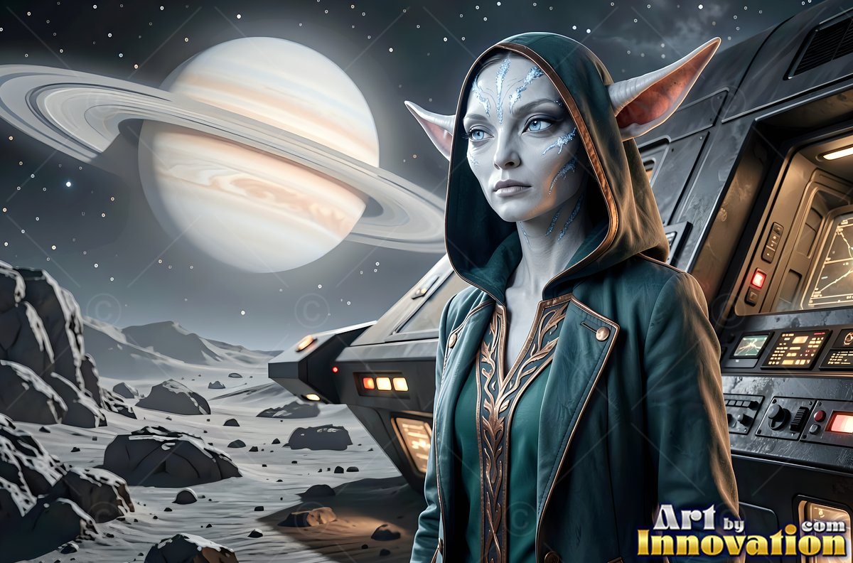Alien woman in a green hooded coat by a spaceship