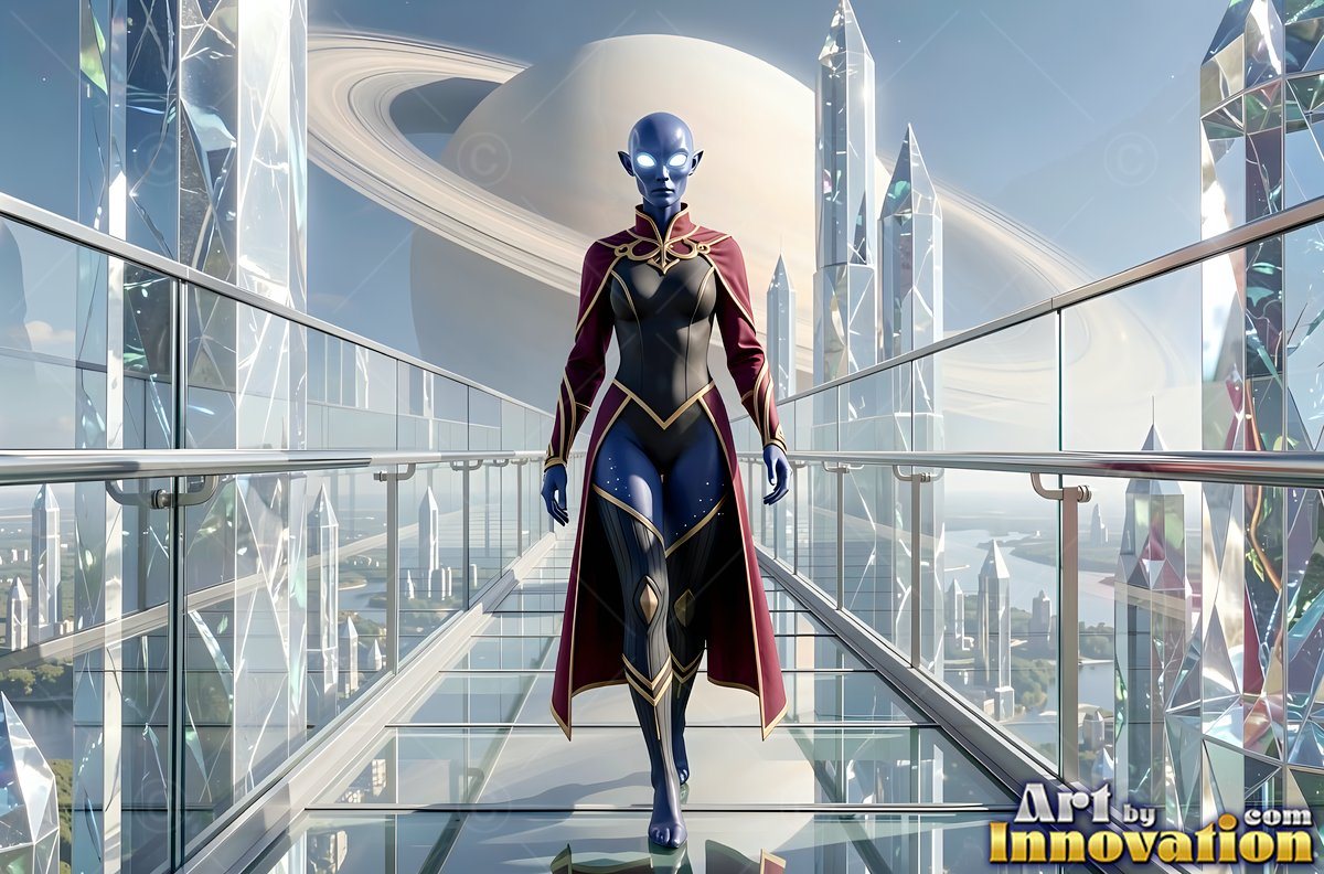 A blue skin alien woman in a maroon coat walks a glass bridge before a ringed planet