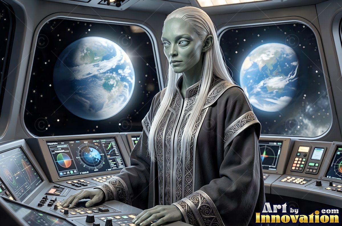 A pale green alien woman pilots a spaceship bridge under cool blue light from outer space