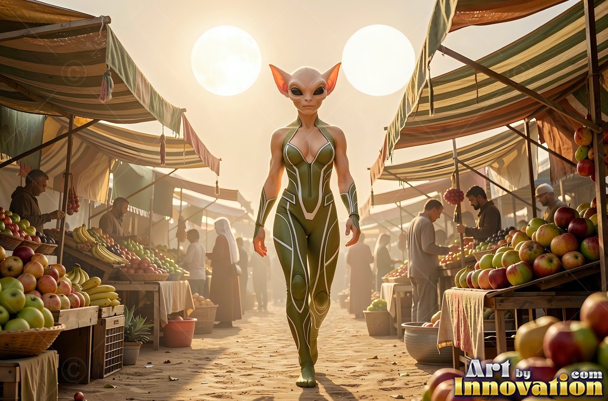 Walking forward through a sunny fruit market, an alien woman wears a green suit