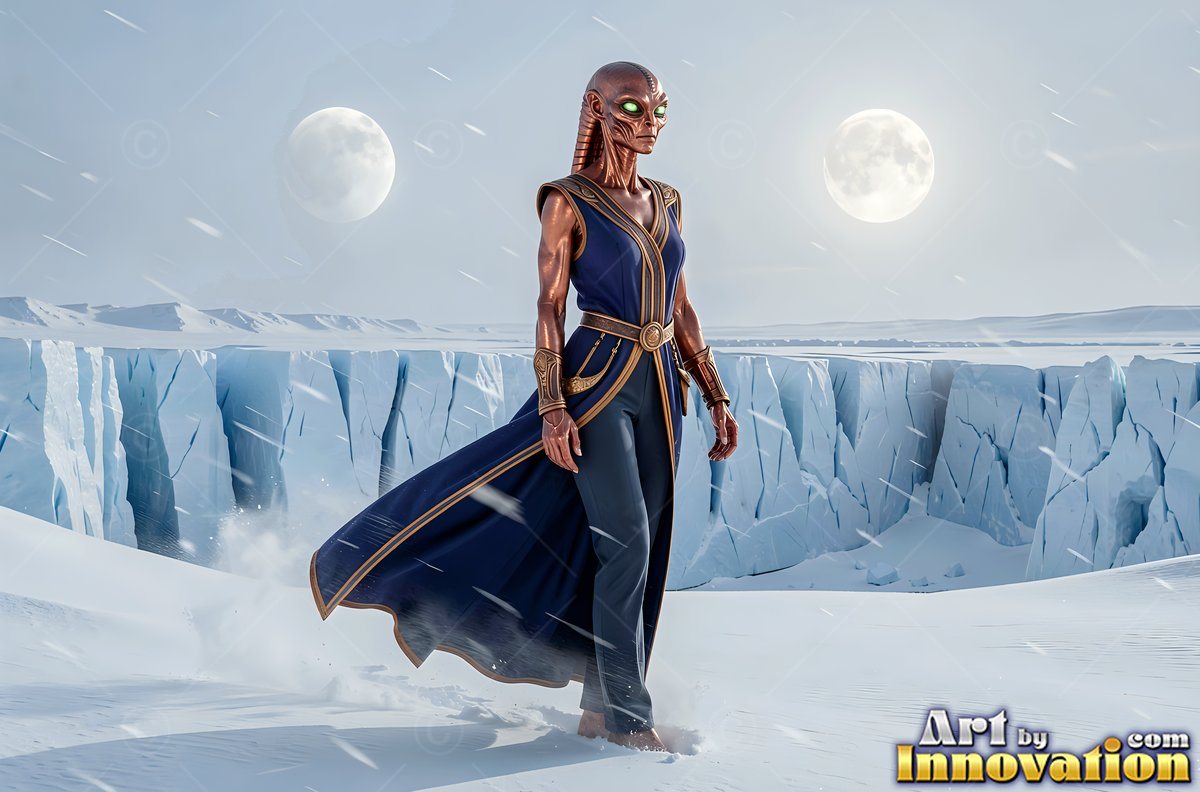 An alien woman in a dark blue tunic walks through snow beneath two moons