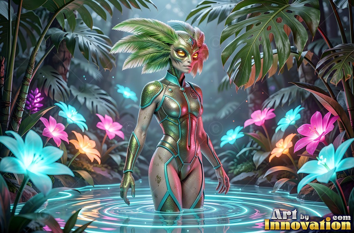 In a tropical pond, an alien woman stands among bright flowers