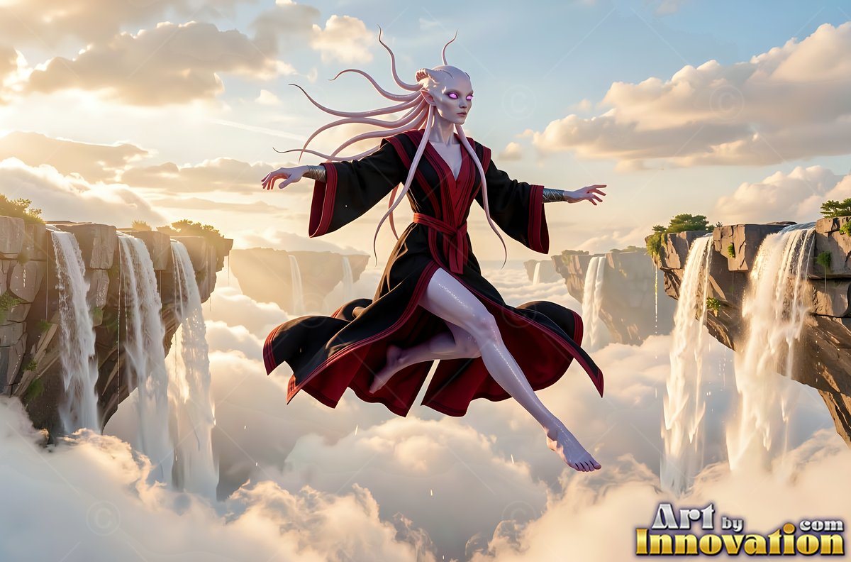Floating in the sky, a pale alien woman in a black and red robe drifts above clouds