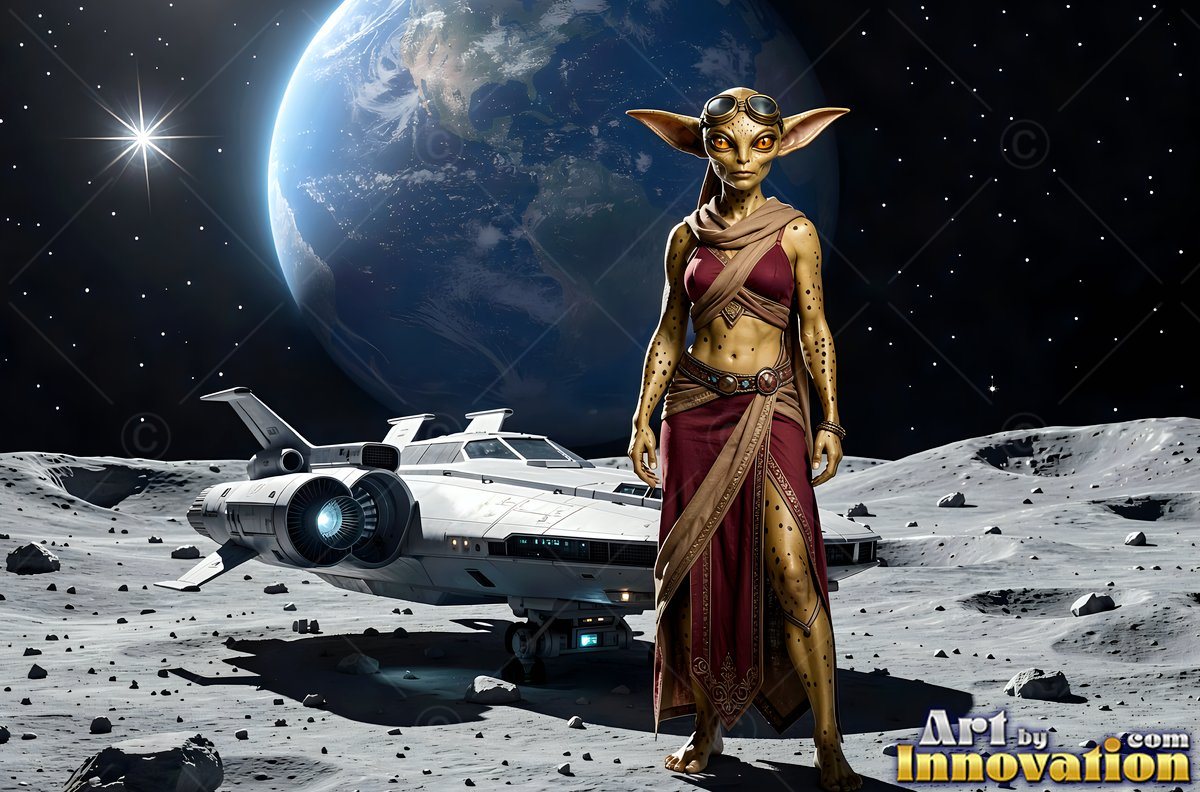 Alien woman with goggles stands on the moon near a spaceship