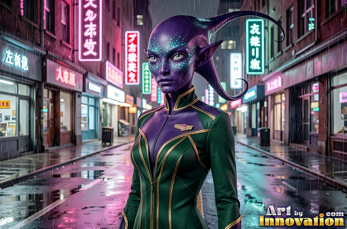 A purple alien woman in a green uniform stands on a rainy city street with neon signs