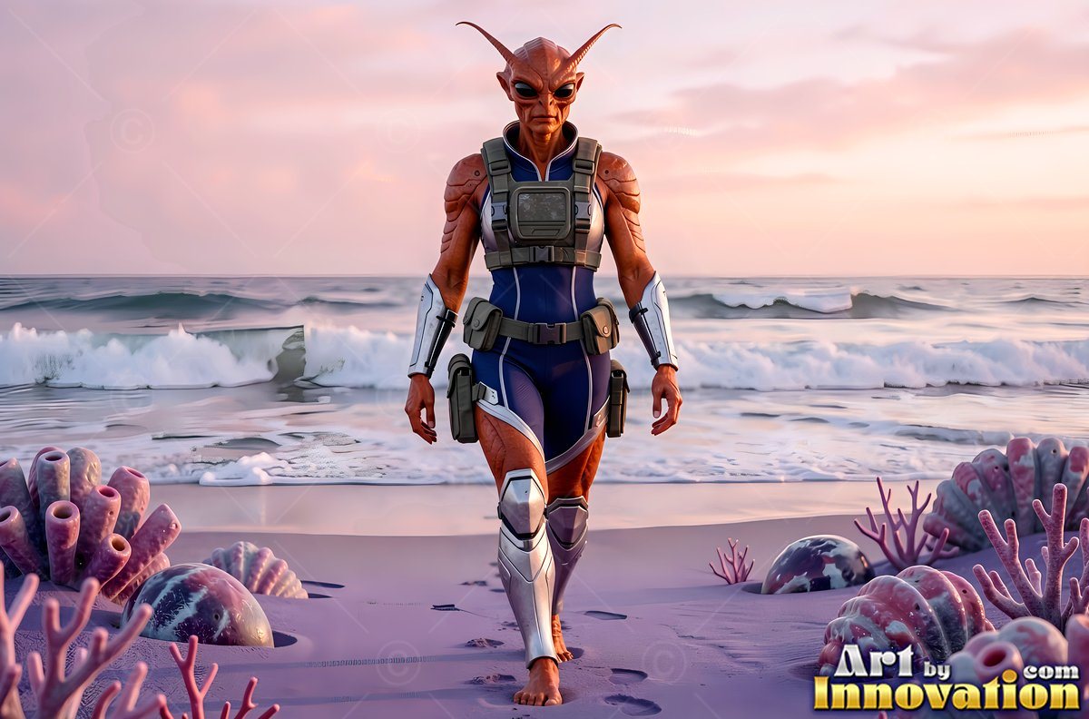 An orange alien woman strolls on a purple beach under a soft pink sunset sky