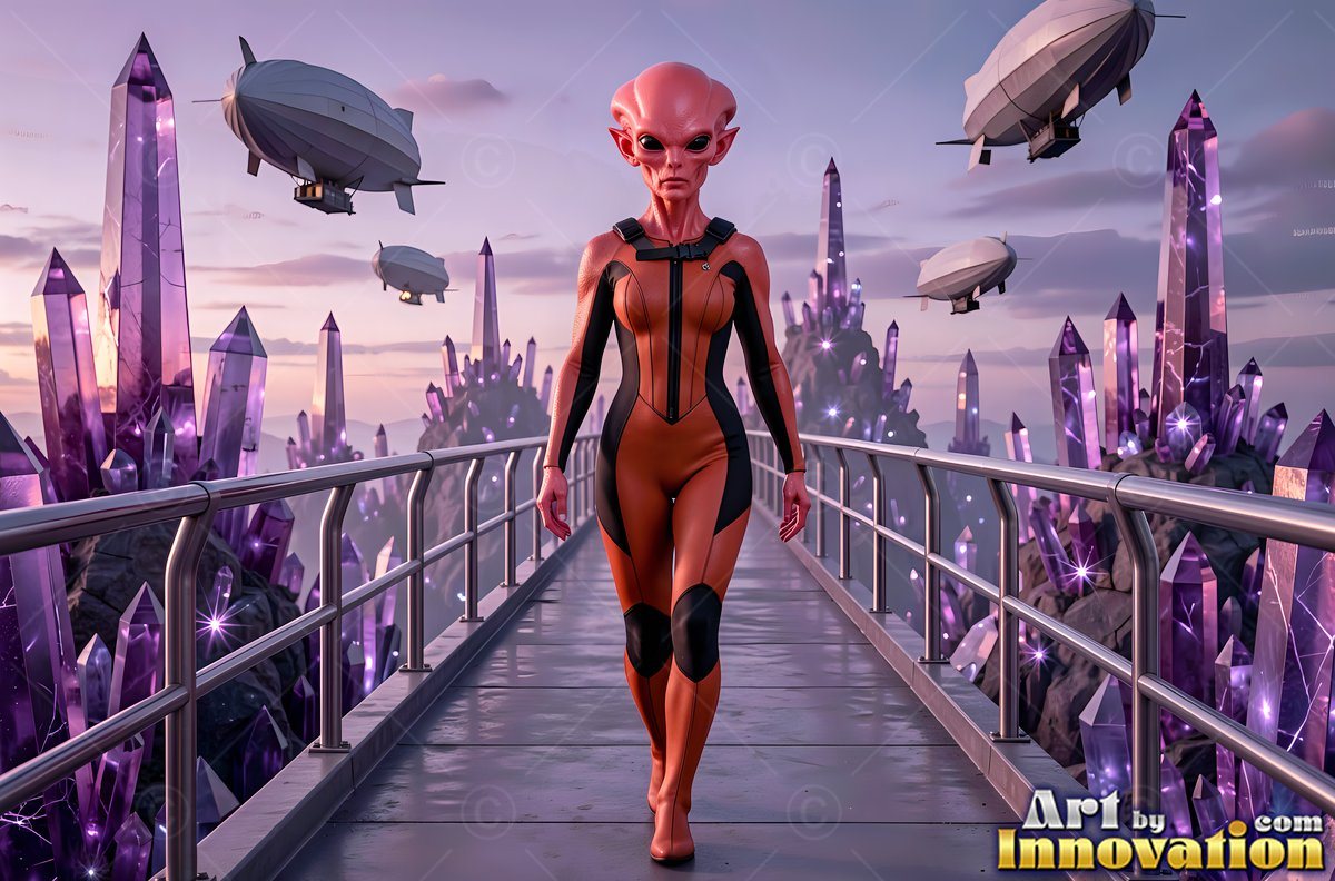 Walking forward on a bridge, a pink alien woman passes purple crystals