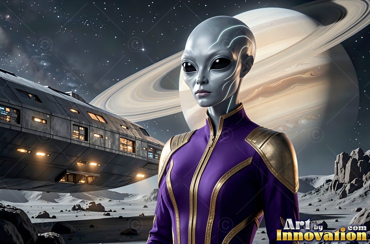 A gray alien woman in a purple suit stands near a spaceship before Saturn