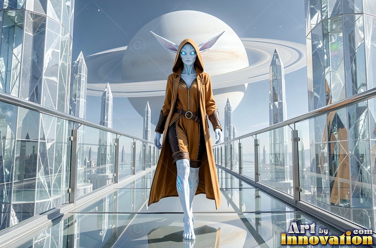 On a glass walkway, a blue alien woman in a brown coat walks forward