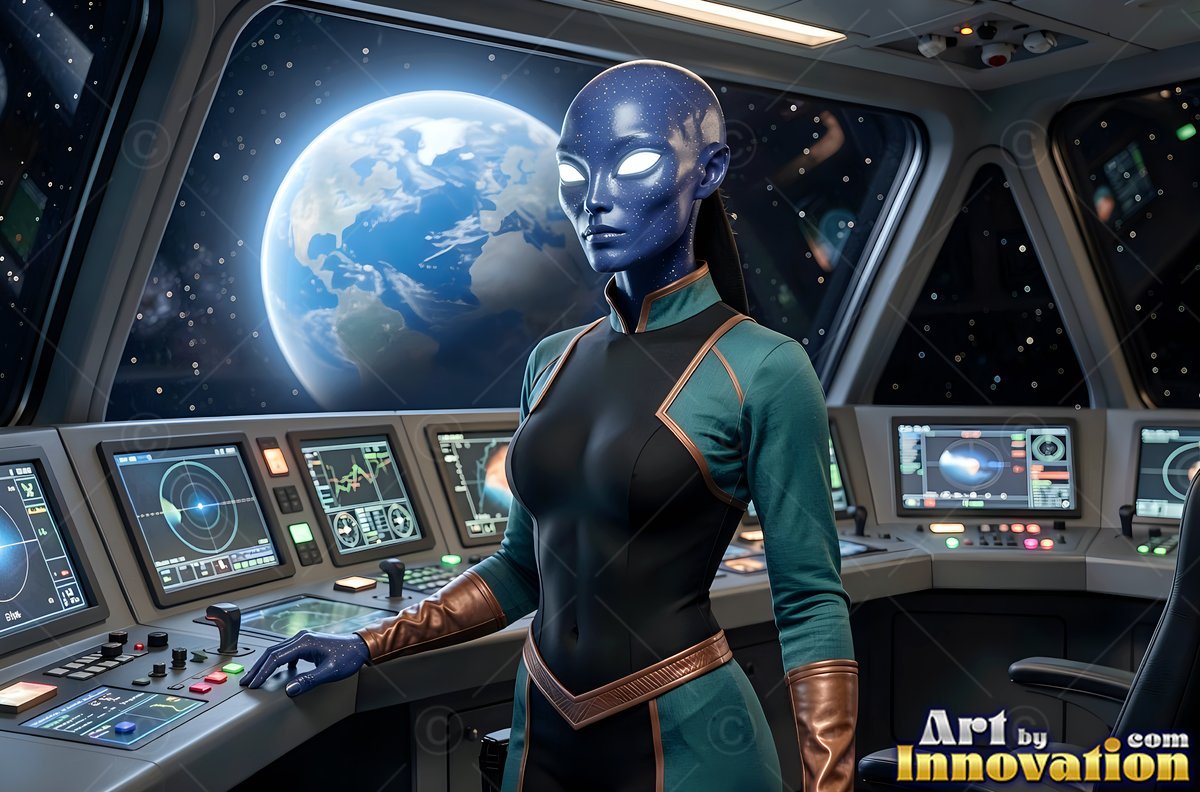 Standing on a spaceship bridge, a blue alien woman looks out at a planet