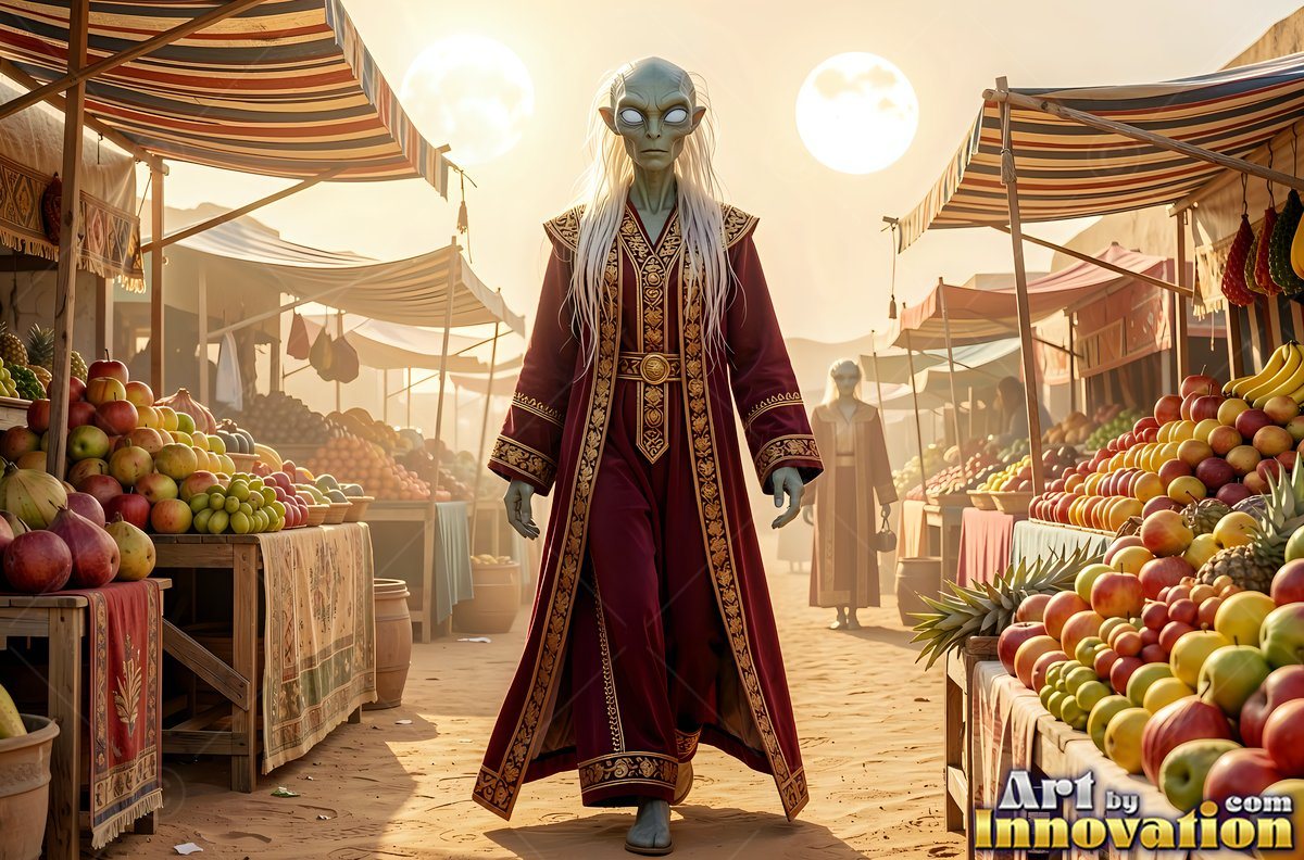 Alien woman in a red robe walks through a desert market