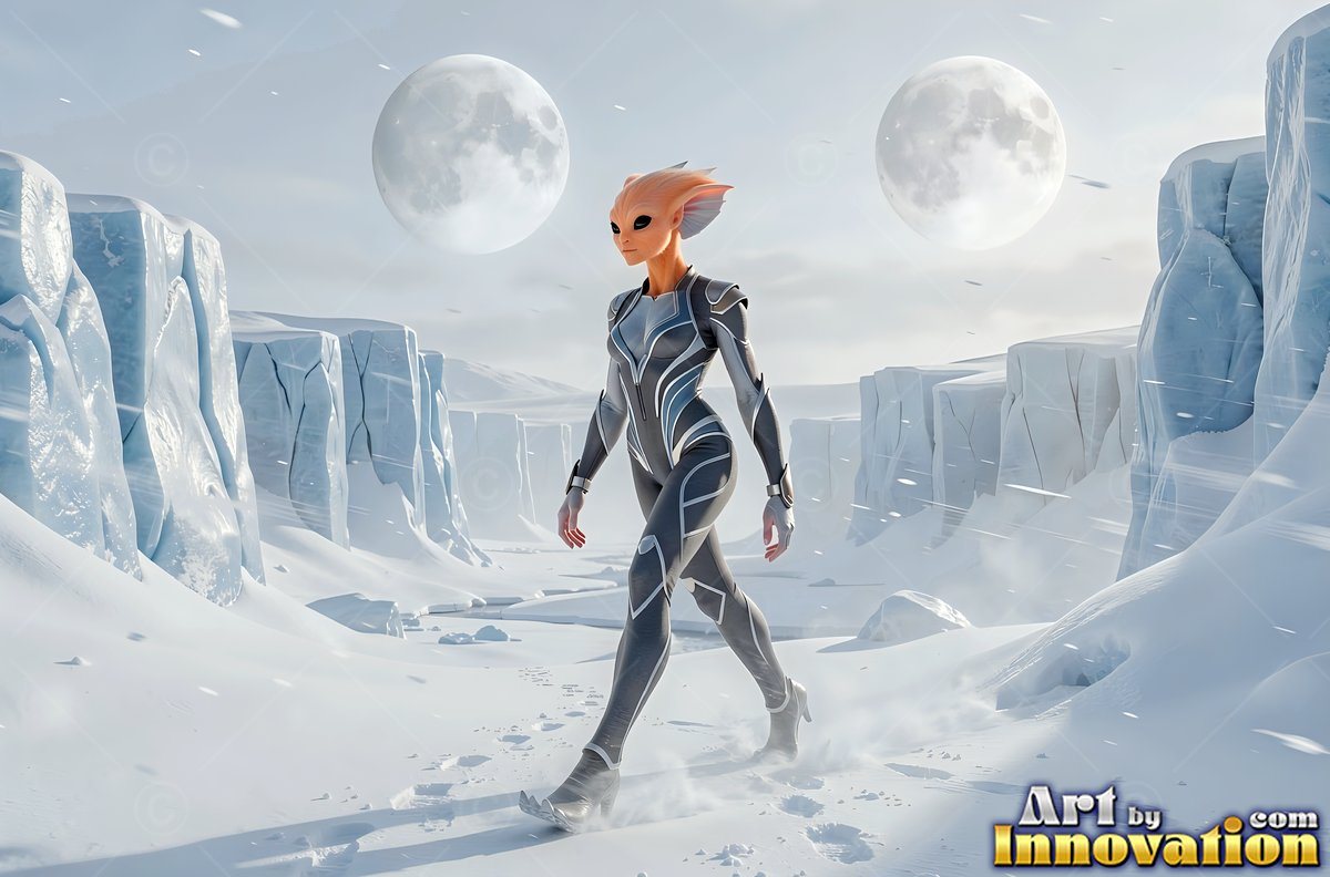 In a dark gray bodysuit, an alien woman walks through a snowy canyon under two large moons