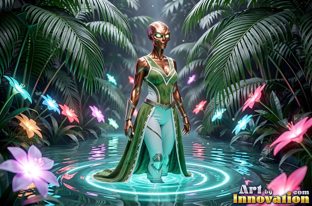 An alien woman in green stands in a jungle pool beside bright pink flowers