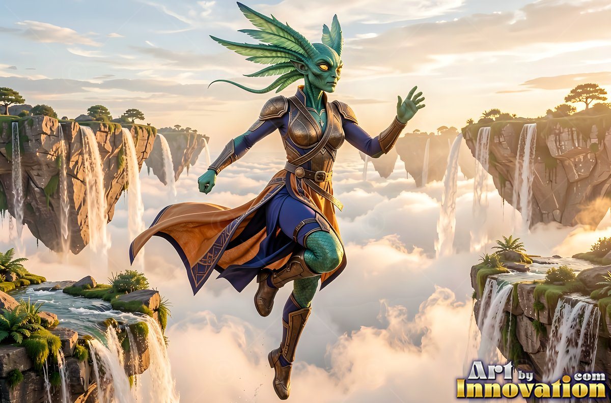 Leaping midair above floating islands, a green alien woman runs through clouds