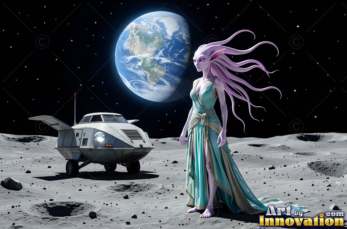 A purple alien woman in a turquoise dress stands on the moon near a shuttle