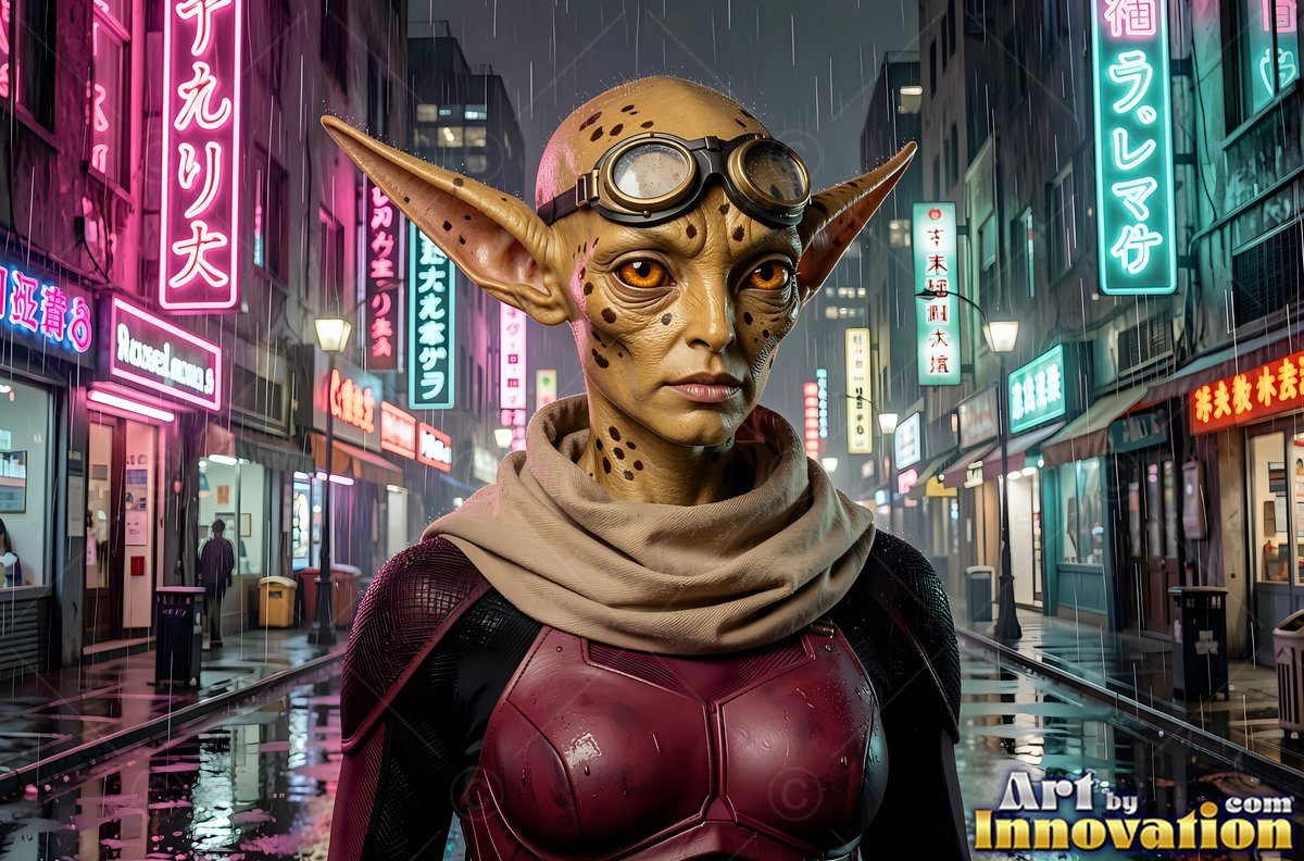 On a rainy city street with neon signs, a spotted alien woman wears goggles on her head