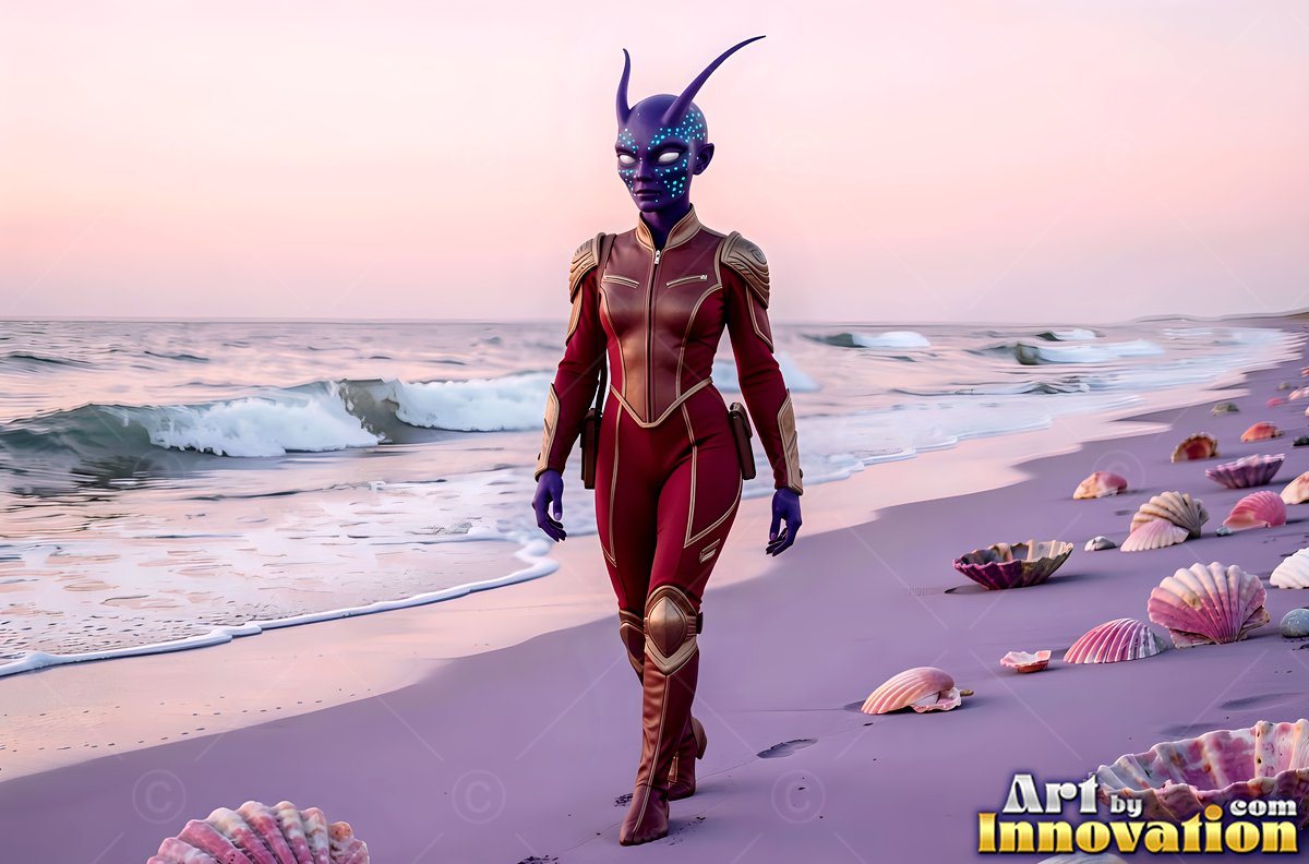 Walking along a pink beach, a purple horned alien woman wears a red spacesuit
