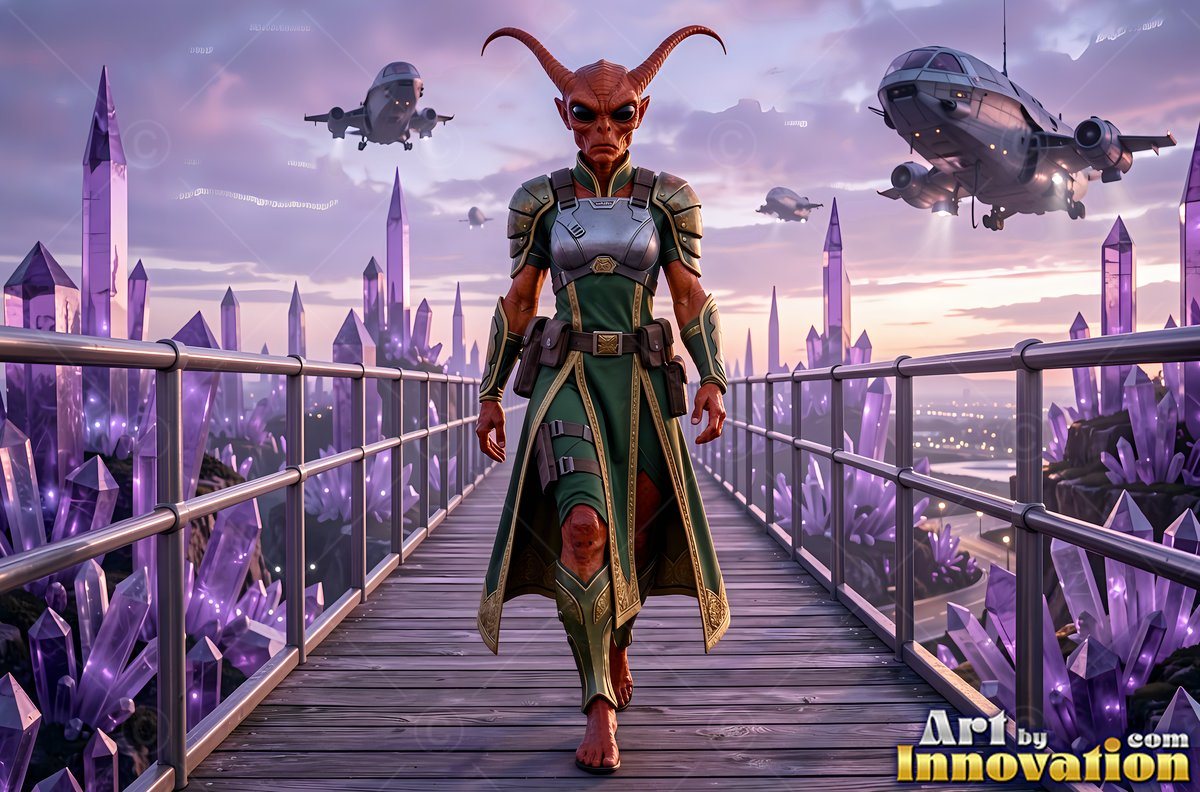 Horned red alien woman in armor walking past purple crystals