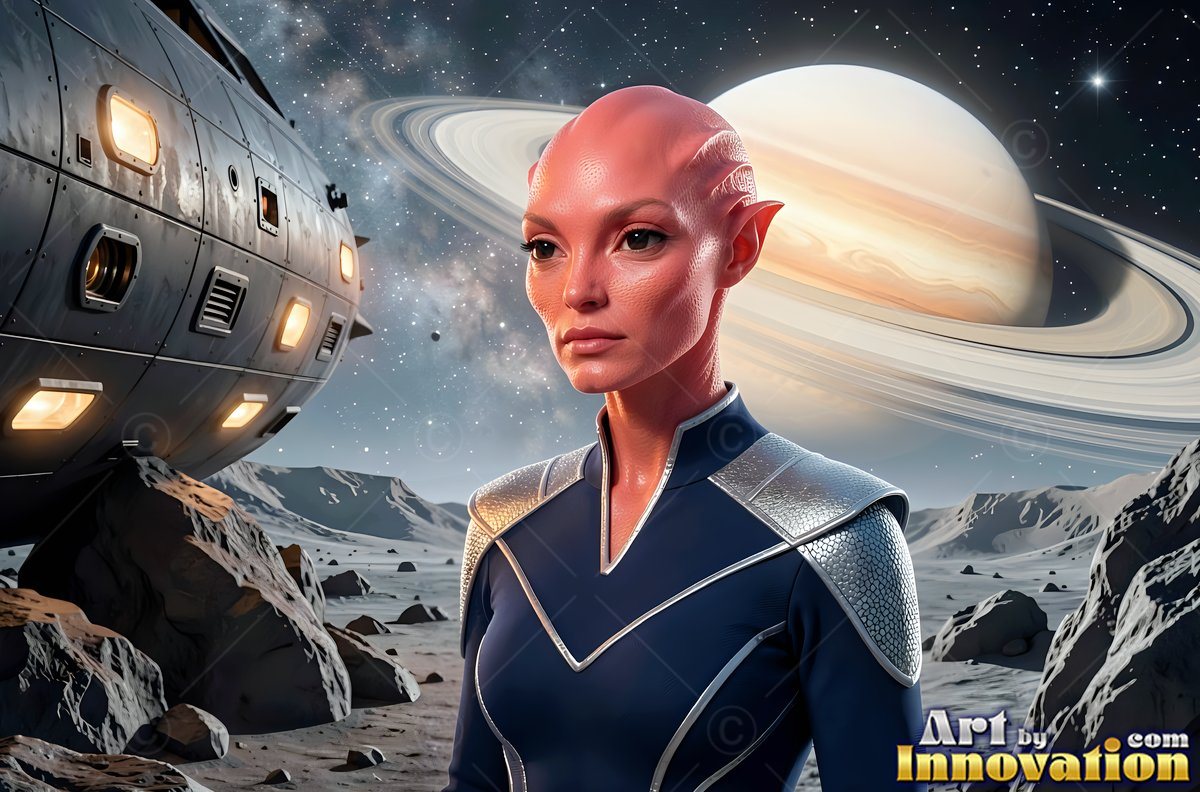 Smooth pink skin on a bald alien woman standing on a rocky moon by a ringed planet