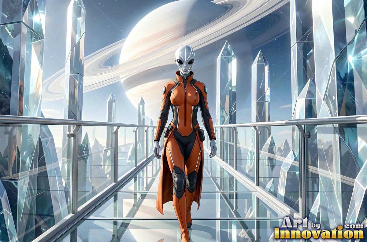 An alien woman steps forward along a glass bridge in an orange suit under bright white sky