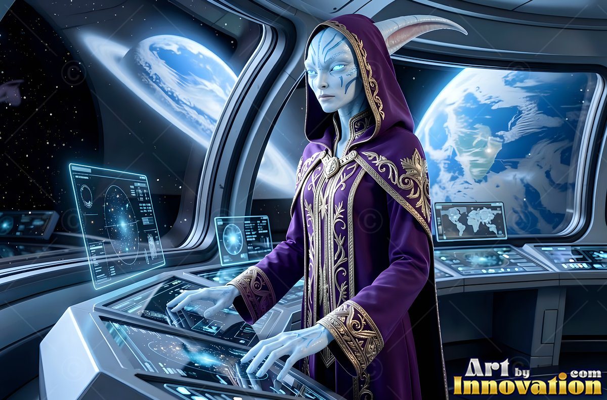 Standing at a control console, a blue alien woman in purple robes pilots a starship