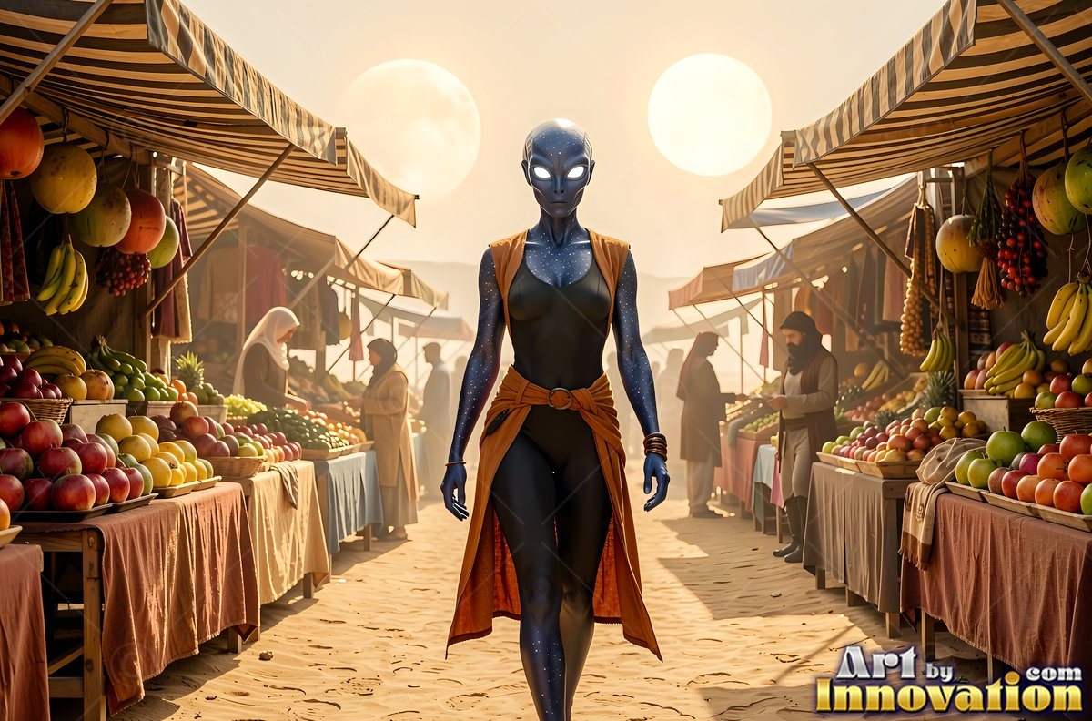 A blue-skinned alien woman walks through a sunny fruit market under two suns