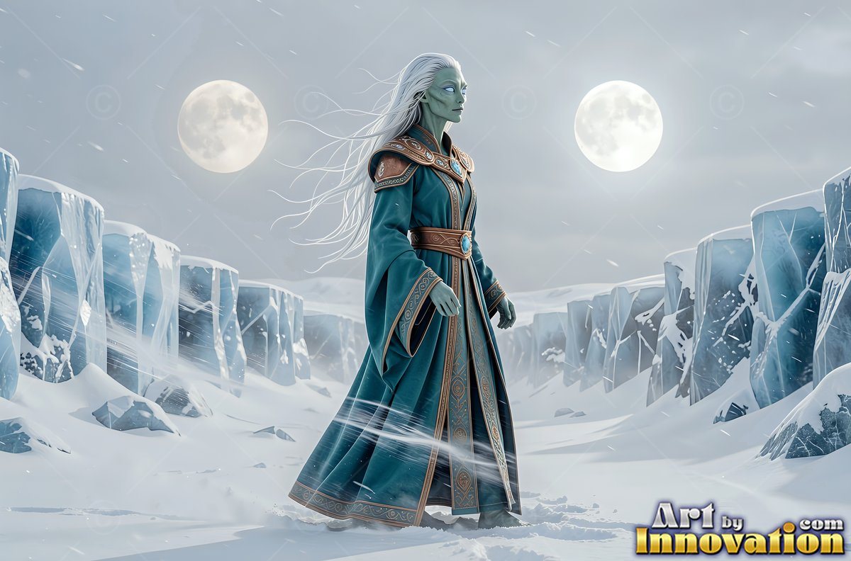 In a snowy icy canyon under two moons, a green woman walks in a teal robe