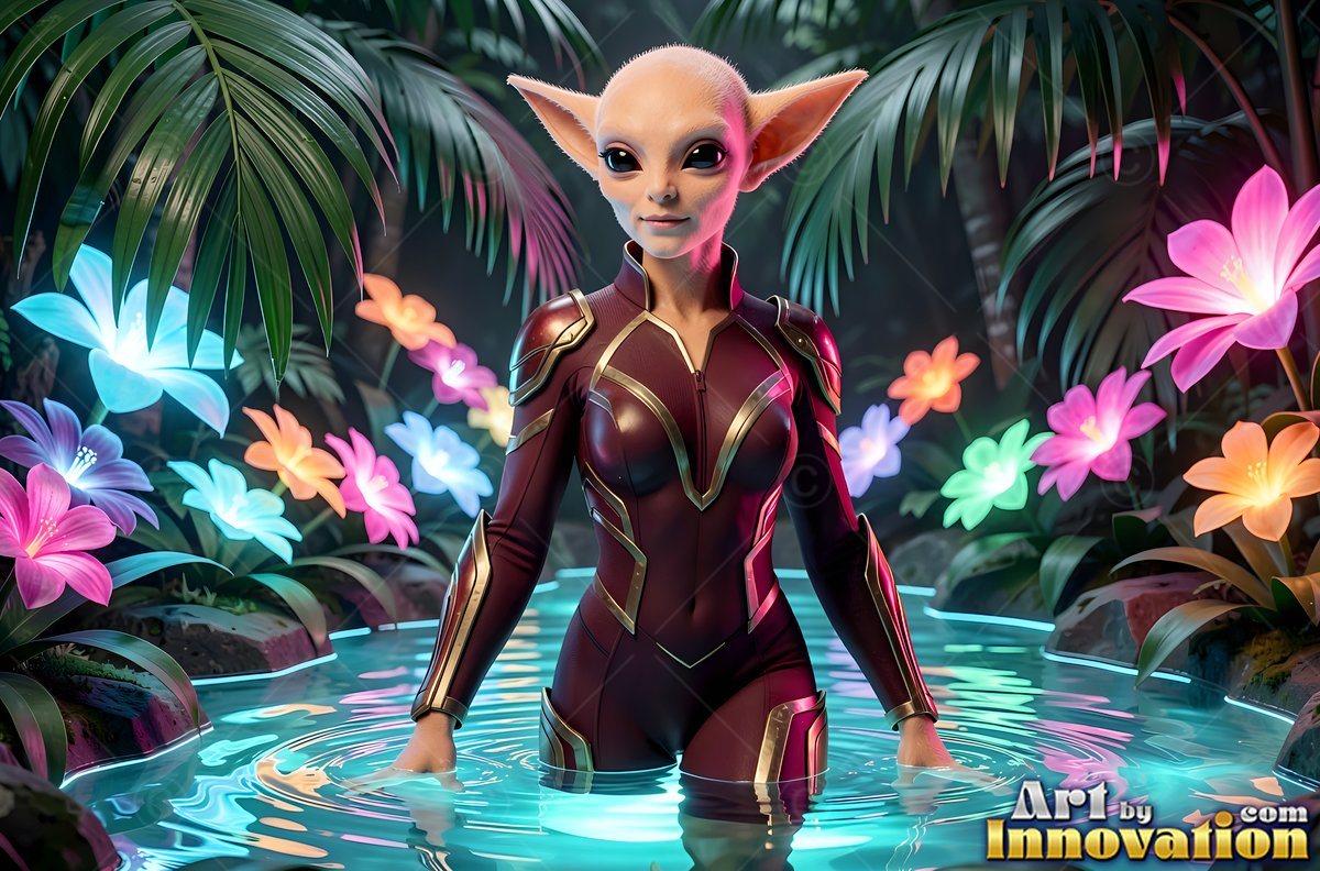 Standing in a jungle pool, a pointed-eared alien woman wears a dark red suit