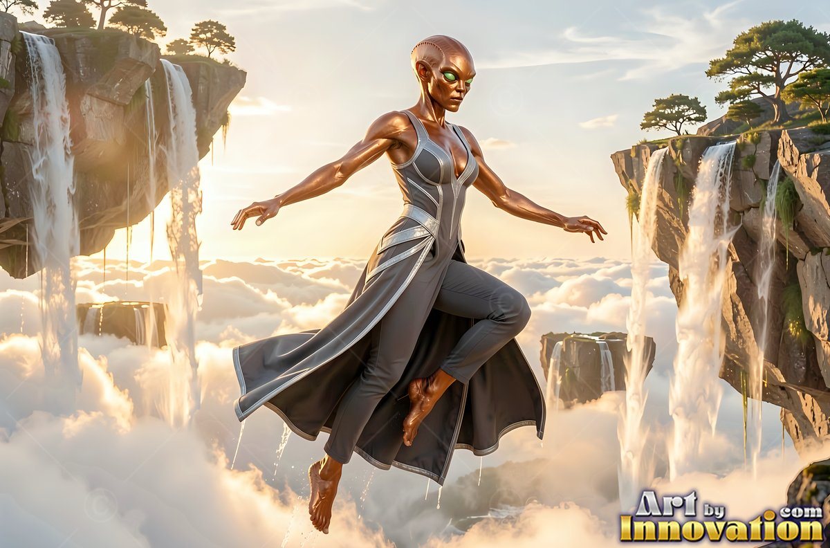 Bronze alien woman floats above clouds by waterfalls