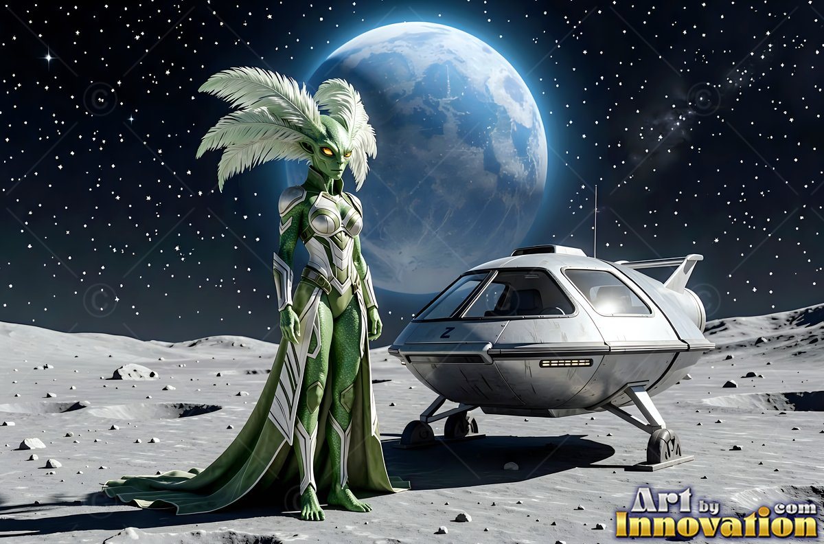 Feathered ears frame a green alien woman beside a small lander on a moon crater
