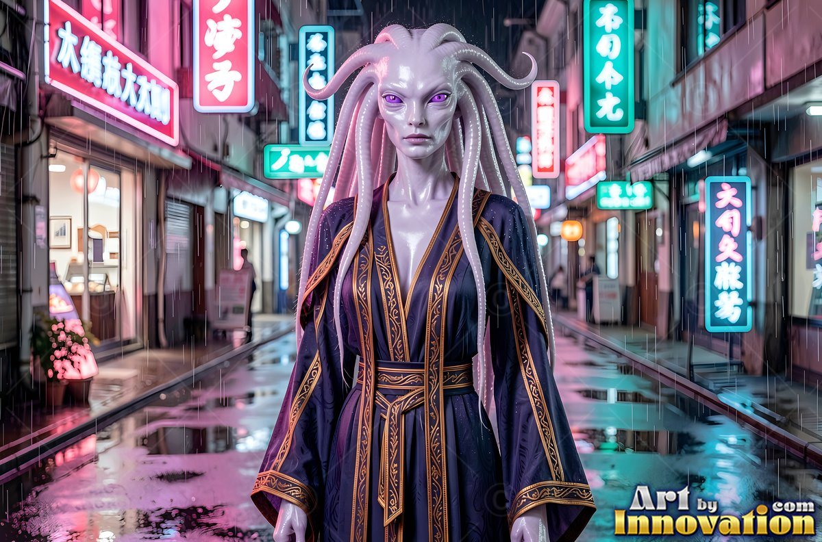A pale alien woman pauses on a wet street lit by pink neon signs